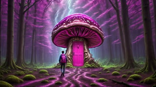 Higher ground, a forest of big vivid mushrooms, fluorescent magenta style, a path to a door, a young man with a bagpack, a giant door
,photo r3al