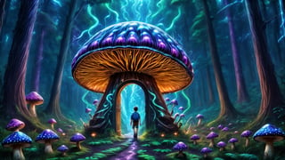 Higher ground, a forest of big vivid mushrooms, fluorescent blue style, a path to a door, a young boy with a bagpack, a giant door
,photo r3al