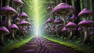 Higher ground, a forest of big vivid mushrooms, fluorescent green style, a path to a door, a man walking along the road