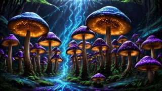 Higher ground, a forest of big vivid mushrooms, fluorescent blue style