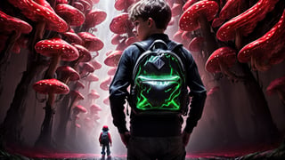 Higher ground, vivid mushrooms, fluorescent red, a young boy with a bagpack