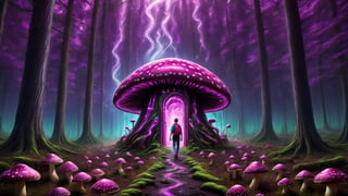 Higher ground, a forest of big vivid mushrooms, fluorescent magenta style, a path to a door, a young man with a bagpack, a giant door
,photo r3al