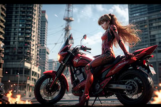 Epic CG masterpiece, Asuka Langley Soryu,hdr,dtm, full ha, charging forward battlefield, the burst meteor, the fierce battle of fighting with his life, 8K, ultra detailed graphic tension, dynamic poses, stunning colors, 3D rendering, surrealism, cinematic lighting effects, realism, 00 renderer, super realistic, full - body photos, super vista, super wide Angle, HD,Asuka Langley Soryu,Asuka Langley Soryu,Asuka Langley Soryu, black with red motorcycle in the background 