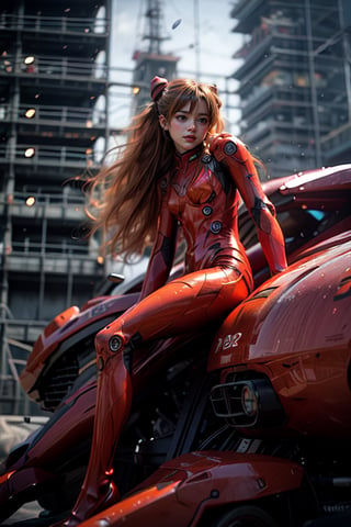 Epic CG masterpiece, Asuka Langley Soryu,hdr,dtm, full ha, charging forward battlefield, the burst meteor, the fierce battle of fighting with his life, 8K, ultra detailed graphic tension, dynamic poses, stunning colors, 3D rendering, surrealism, cinematic lighting effects, realism, 00 renderer, super realistic, full - body photos, super vista, super wide Angle, HD,Asuka Langley Soryu,Asuka Langley Soryu,Asuka Langley Soryu, black with red motorcycle in the background 