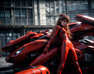 Epic CG masterpiece, Asuka Langley Soryu,hdr,dtm, full ha, charging forward battlefield, the burst meteor, the fierce battle of fighting with his life, 8K, ultra detailed graphic tension, dynamic poses, stunning colors, 3D rendering, surrealism, cinematic lighting effects, realism, 00 renderer, super realistic, full - body photos, super vista, super wide Angle, HD,Asuka Langley Soryu,Asuka Langley Soryu,Asuka Langley Soryu, black with red motorcycle in the background 