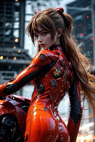 Epic CG masterpiece, Asuka Langley Soryu,hdr,dtm, full ha, charging forward battlefield, the burst meteor, the fierce battle of fighting with his life, 8K, ultra detailed graphic tension, dynamic poses, stunning colors, 3D rendering, surrealism, cinematic lighting effects, realism, 00 renderer, super realistic, full - body photos, super vista, super wide Angle, HD,Asuka Langley Soryu,Asuka Langley Soryu,Asuka Langley Soryu, black with red motorcycle in the background 