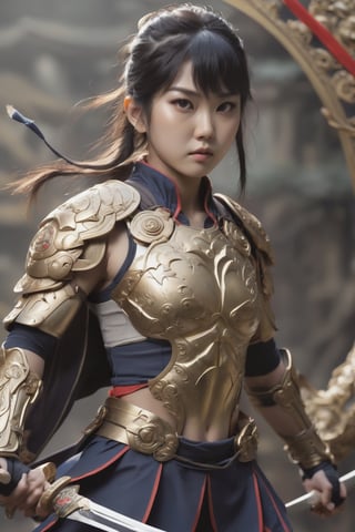 A full athletic body beatiful asian young girl photograph with realistic style portrays, human warrior, in ultra-realistic detail. The composition imitates a cinematic movie, The intricate details, sharp focus, 
Realistic,SDXL,ModelBase,Style,photo r3al, 16k,Enhanced All, ,Masterpiece,hinata(boruto),girl,Gold,style,Decora_SWstyle