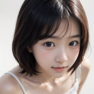 主：(((full white background))),(focus on facial depiction),(from above),(close-up of character),
人：best quality, masterpiece, ultra high res, photorealistic, a little girl, looking at viewer, raw photo, smile, close-up, Korean little girl, junior high school age, Realistic skin texture, Realistic hair texture, realistic composition texture, Realistic hair texture, clear hair, korean female singer, (kim taeyeon), slol, (Kpop idol), (Kim Taeyeon's appearance), (Be very like kim Taeyeon), Beautiful bags under the eyes, (double eyelid), Showing upper arm tattoo, (accentuate the red tones of the eyes), Fine light and shadow, fine skin texture, fine hair texture, fine clothing texture, fine accessories texture, (realistic depth of light and shadow), (realistic pores:1.3), (((Tong Yan:1.5))), Pure and sweet, cute:1.3, (young face), 1little girl, (Korean girl,  middle school student), (girl body,  small breasts:1), flat nose:1, small nose:1, flawless beauty, 
髮：(((bangs))), (((very short short hair))),
服：(((Spaghetti strap sleeveless sheer shirt made of tulle))),