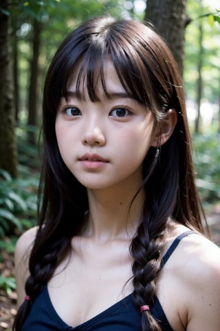 (((deep in the woods))),(looking at the audience),(((Photos that focus on faces))), (((focus on the face))),
人：1 korean little girl,
髮：(bangs),(long hair),(hair weaving),
服：((low-cut)),(sleeveless spaghetti straps),