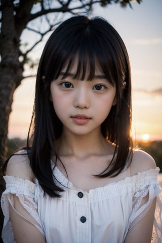 主：(Misty woods under sunset),(((face photo))),
人：1litte 1kid 7yo gril (Child:1.2), Korean beauty,
優：With a very high artistic composition style,Film photo texture,
髮：(long hair),(((bangs))), 
服：Off-the-shoulder,Open collar sheer tulle,