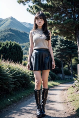 (((Mountain forest at night))),(looking at the audience),(((standing))),
人物：(((a korean young girl))),Beautiful oval face,
頭髮：(bangs),(long hair),
服飾：(Low-cut sleeveless sweater with extended hem:1.3), (embroidered pleated skirt), (black boots),