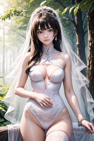 主：(Deep in the woods),(photo of upper body from thighs up),
人：korean woman,
優：With a very high artistic composition style,in the style of hyperrealistic paintings, 32k uhd, dark white and light white, anime art, exaggerated facial features, mural painting,HD uncensored,
髮：(long hair),  (((bangs))), 
特：(((Colorful and magical doomsday city))),
(masterpiece, highest quality, extreme detailed, best quality, official art, beautiful and aesthetic:1.2), (1girl), extreme detailed,(fractal art:1.3),colorful,highest detailed,High detailed,With a very high artistic composition style,
服：White lace pattern one-piece wedding dress, lace pattern low-cut strapless wedding dress, (One-piece swimsuit style wedding dress), gorgeous white veil beads,Tulle transparent material,(One-piece swimsuit wedding dress with some Chinese element patterns),girl