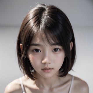 主：(((full white background))),(focus on facial depiction),(((from above))),
人：best quality, masterpiece, ultra high res, photorealistic, a little girl, looking at viewer, raw photo, smile, close-up, Korean little girl, junior high school age, Realistic skin texture, Realistic hair texture, realistic composition texture, Realistic hair texture, clear hair, korean female singer, (kim taeyeon), slol, (Kpop idol), (Kim Taeyeon's appearance), (Be very like kim Taeyeon), Beautiful bags under the eyes, (double eyelid), Showing upper arm tattoo, (accentuate the red tones of the eyes), Fine light and shadow, fine skin texture, fine hair texture, fine clothing texture, fine accessories texture, (realistic depth of light and shadow), (realistic pores:1.3), (((Tong Yan:1.5))), Pure and sweet, cute:1.3, (young face), 1little girl, (Korean girl,  middle school student), (girl body,  small breasts:1), flat nose:1, small nose:1, flawless beauty, 
髮：(((bangs))), (((very short short hair))),
服：(((Spaghetti strap sleeveless sheer shirt made of tulle))),