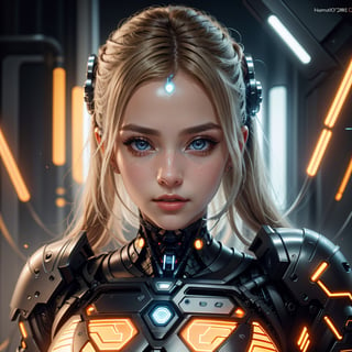 (high resolution, masterpiece: 1.2), ultra-detailed, realistic, physics-based representation, cyborg woman, electronic systems in the humanoid head, with a detailed brain that can be seen, representation of mechanical parts of the skull, female face, beautiful detailed eyes, white blonde hair, beautiful detailed lips, muscle wire, flesh-colored skin, metallic elements, digital interface, shiny circuits, advanced sensors, high-tech prosthetics, seamless integration, artificial intelligence, technological improvements, wearable technology, modern aesthetics , bionic enhancements, advanced biotechnology, elegant and futuristic design, combination of humans and machines, symbolic representation of human evolution, harmonious coexistence of organic and synthetic components, vivid colors, dynamic lighting.