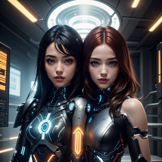 (high resolution, masterpiece: 1.2), ultra-detailed, realistic, physics-based representation, two cyborg women, electronic systems in the humanoid head, with a detailed brain that can be seen, representation of mechanical parts of the skull, female faces , beautiful detailed eyes, red hair, beautiful detailed lips, muscle wire, flesh-colored skin, metallic elements, digital interface, shiny circuits, advanced sensors, high-tech prosthetics, seamless integration, artificial intelligence, technological improvements, wearable technology, modern aesthetics , bionic enhancements, advanced biotechnology, elegant and futuristic design, combination of humans and machines, symbolic representation of human evolution, harmonious coexistence of organic and synthetic components, vivid colors, dynamic lighting.