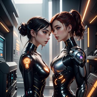 (high resolution, masterpiece: 1.2), ultra-detailed, realistic, physics-based representation, two cyborg women, electronic systems in the humanoid head, with a detailed brain that can be seen, representation of mechanical parts of the skull, female faces , beautiful detailed eyes, red hair, beautiful detailed lips, muscle wire, flesh-colored skin, metallic elements, digital interface, shiny circuits, advanced sensors, high-tech prosthetics, seamless integration, artificial intelligence, technological improvements, wearable technology, modern aesthetics , bionic enhancements, advanced biotechnology, elegant and futuristic design, combination of humans and machines, symbolic representation of human evolution, harmonious coexistence of organic and synthetic components, vivid colors, dynamic lighting.