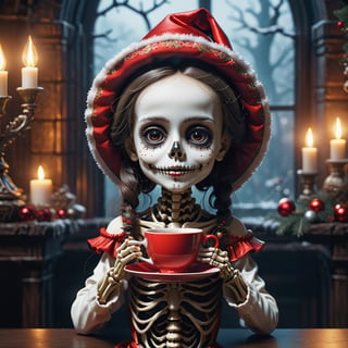 a tiny Christmas girl doll wearing Santa hat that is sitting down with a cup of tea, by Eddie Mendoza, gothic art, textured detailed skeleton, creepy child doll, superb detail 8 k masterpiece, surreal tea party, gothic girl face, super intricate, porcelain doll, intricate ornate anime cgi style, beautiful and terrifying, profile pic, Christmas nightmare theme,Ultra-detailed 3D digital art, high resolution, photorealistic rendering, sharp focus, high-quality background, ultra-detailed landscape, ultra-sharp focus, consistent style, unique and well-developed concept, Unreal Engine, intricate details, beautiful color grading, bright lights , symmetry.
