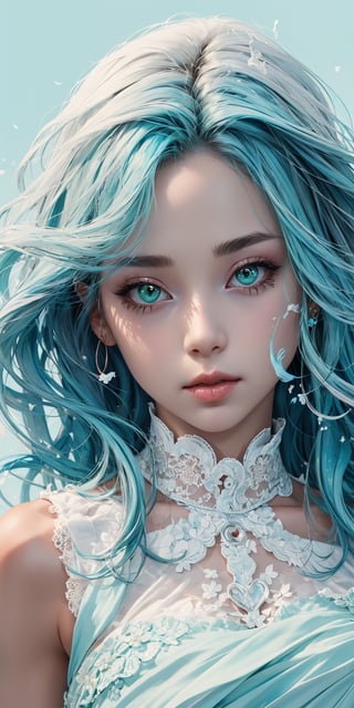 (1cute girl), long blue curly hair, green eyes, wearing a beautiful baby blue lace dress. White skin, splat art background, eye_detail, background_detail, face_detail, hair_detail, more_detail, add_detail, adddetailed, cute_face,