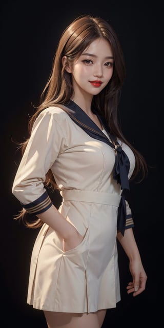 (Masterpiece, best quality, 8k RAW photo, photorealistic:1.37), 1girl, korean, light smile, long hair, brown hair, medium breast, sailor outfit, sailor uniform, dynamic lighting, black background, intricate detailed, finely detailed, cowboy_shot