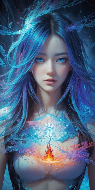 (masterpiece, top quality, best quality, official art, beautiful and aesthetic:1.2), (1girl), extreme detailed,(abstract, fractal art:1.3),colorful hair,highest detailed, detailed_eyes, fire, water, ice, lightning, light_particles, ghost,