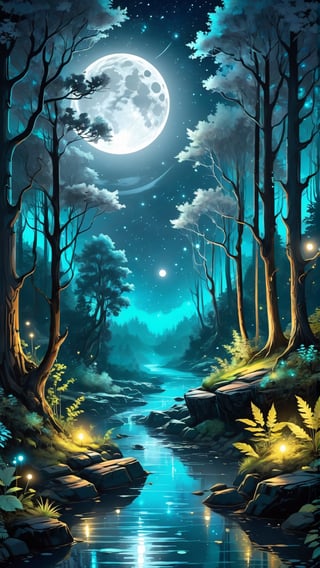 Beautiful enchanted forest illuminated at night sky full moon star bioluminescent trees rivers plants gray digital painting, cyberpunk