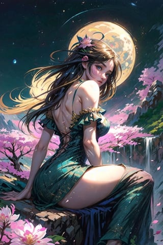 Girl, gorgeous women, wonderful face, sitting and seeing a flower valley of mountain, cherry blossom near the girl, back pose ,translucent dress, revealing dress, Twilight, cosmic skay,auras , moon, dark mode,windy,flowy dress, the images should be very detailed, flawless beautiful pictures, flawless background, realistic, hyper releastic, masterpiece:1.2, High quality:1.2,High detailed,long,sketch