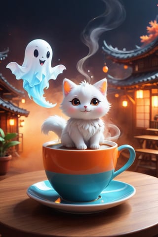 a cup of coffee, Steam shaped as a Ghost, a digital rendering, by Goro Fujita, Shutterstock, orange fog, beans, super cute, stock photo,NYFlowerGirl,Xxmix_Catecat,sticker,Spirit Fox Pendant,Colourful cat ,F41Arm0rXL ,Monster