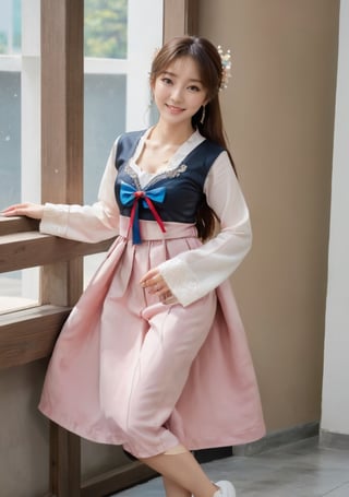 (Masterpiece, top quality, 1_woman, Korea, beautiful face, pretty girl, smiling face, softness, 18 years old, full body shape, medium breasts, small earrings, alluring body, brown eyes, heart-shaped necklace, long ears, black bundle Hair, eye contact, smiling face, sneakers, cuteness, maturity, museum, full body view, Korean gisaeng hanbok, underwear visible, various poses, small palms, cafe, 3un