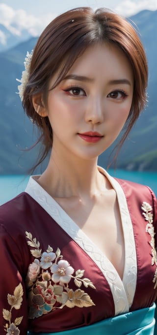 // pose
It is shown from knees to shoulders and is symmetrical when viewed from the front (Kazakhstan's high mountains and glacier-covered lake, feet submerged in water but face and knees floating above water), emphasizing the size of the chest.

// style
1girl, beauty wearing traditional Korean hanbok, dark mascara, big eyes, droopy eyes, dark eyeliner, dark red rouge, red lips, skeletal straight, 8 heads tall, beautiful fingertips, muscles, ((hourglass shape)), intricate details , Advanced, (Advanced: 1.4), Facial perfection, perfect, clean, beautiful expression, beautiful eyes, half-haired, blond, sparkling, smiling, //Features looking at the viewer, (Drooping eyes: 1.2), Well-groomed Teeth, smile, floating head, brown eyes, (narrow eyes: 1.2), Asian woman, big breasts: 1.3, saggy breasts: 1.3,

//personality
Movie scenes, movies, full color, 4k, 8k, 16k, RAW photos, masterpieces, professional-level color grading, professional photos, hair-ups, consideration, (open mouth) 1.3, soft, sharp focus, realistic lighting and shading, ( very detailed and beautiful art) 1.3, graceful and active angles, dynamic poses,

//quality
RAW photo, portrait, highest quality, high resolution, perfect hands, realistic face body, //Background (simple competition full background: 1.2), (highly detailed background, detailed background: 1.3), bokeh, depth of field, (night) :1.5), (in water :1.5),

//fashion
(Wearing transparent Korean Hanbok), (Incredibly detailed clothes: 1.3)