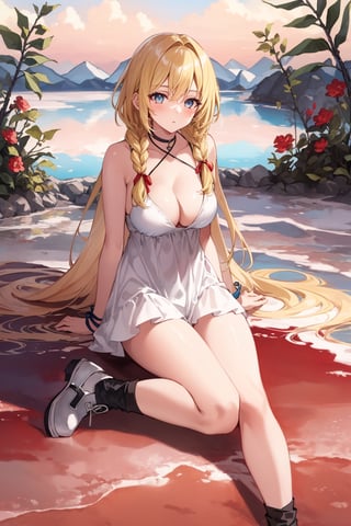 ((Botanical art salar de uyuni background)),
8k resolution, solo, 1 girl,

blonde hair, odd eyes, hair ribbon, 
middle hair, hair braids, 
casual_exposure, 
red ribbon, mature female, 
(reddish:0.95), (full body:0.85),
(large breasts:0.58), 
(nsfw:0.66),



