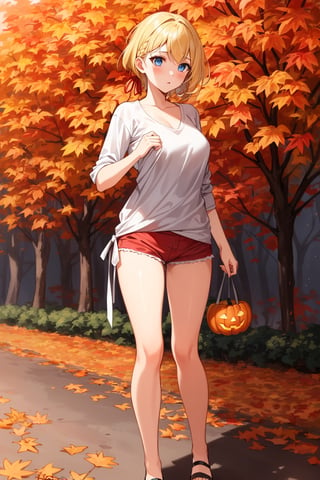 ((Botanical art Halloween night background)),
8k resolution, solo, 1 girl,
lots of maple leaves trees with red leaves,
blonde hair, blue eyes, hair ribbon, 
short hair, hair braids, 
casual_exposure, 
red ribbon, mature female, 
(reddish:0.95), (full body:0.85),
(large breasts:0.58), 
(nsfw:0.66),



