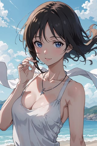 8k resolution, realistic, anime screencap, 
view straight on, standing, petite, a cute girl, (large breasts:1.25), bangs, hair pulled back sidelocks, pale black hair, 
blonde short hair, flowing hair, floating hair,
necklace, ring, collarbones, urban outdoors, 
blue sky, 
(running top:0.95), (smile:0.55),
hand, fingers, Anime