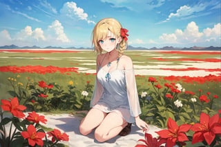 ((Botanical art salar de uyuni background)),
8k resolution, solo, 1 girl, blue sky,
blonde hair, odd eyes, hair ribbon, 
middle hair, hair braids, 
casual_exposure, 
red ribbon, mature female, 
(reddish:0.95), (full body:0.85),
(large breasts:0.58), 
(nsfw:0.66),



