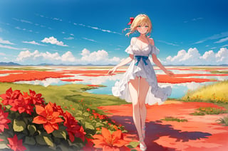 ((Botanical art salar de uyuni background)),
8k resolution, solo, 1 girl, blue sky,
blonde hair, odd eyes, hair ribbon, 
middle hair, hair braids, 
casual_exposure, 
red ribbon, mature female, 
(reddish:0.95), (full body:0.87),
(large breasts:0.58), 
(nsfw:0.66),



