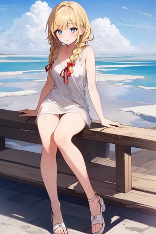 ((Botanical art salar de uyuni background)),
8k resolution, solo, 1 girl, blue sky,
blonde hair, odd eyes, hair ribbon, 
middle hair, hair braids, 
casual_exposure, 
red ribbon, mature female, 
(reddish:0.95), (full body:0.85),
(large breasts:0.58), 
(nsfw:0.66),



