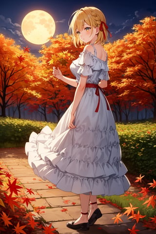 ((Botanical art supermoon night background)),
8k resolution, solo, 1 girl,
lots of maple leaves trees with red and yellow leaves,
blonde hair, odd eyes, hair ribbon, 
short hair, hair braids, 
casual_exposure, 
red ribbon, mature female, 
(reddish:0.95), (full body:0.85),
(large breasts:0.58), 
(nsfw:0.66),



