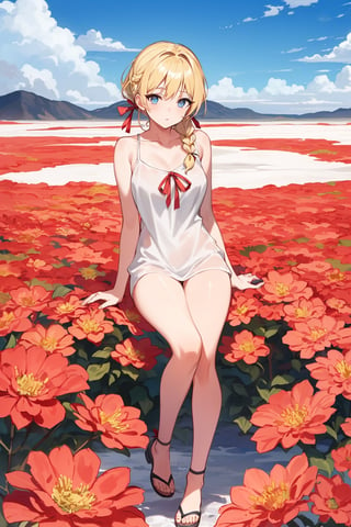 ((Botanical art salar de uyuni background)),
8k resolution, solo, 1 girl, blue sky,
blonde hair, odd eyes, hair ribbon, 
middle hair, hair braids, 
casual_exposure, 
red ribbon, mature female, 
(reddish:0.95), (full body:0.85),
(large breasts:0.58), 
(nsfw:0.66),



