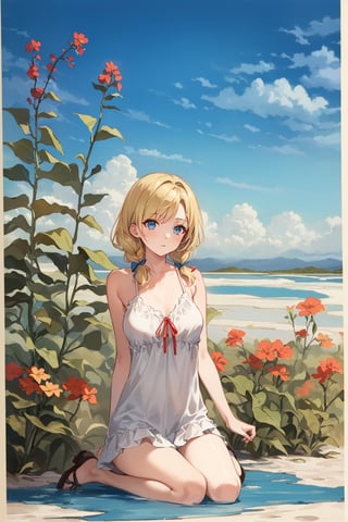 ((Botanical art salar de uyuni background)),
8k resolution, solo, 1 girl, blue sky,

blonde hair, odd eyes, hair ribbon, 
middle hair, hair braids, 
casual_exposure, 
red ribbon, mature female, 
(reddish:0.95), (full body:0.85),
(large breasts:0.58), 
(nsfw:0.66),



