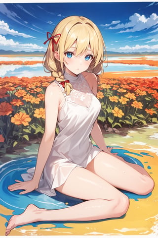 ((Botanical art salar de uyuni background)),
8k resolution, solo, 1 girl, blue sky,
blonde hair, odd eyes, hair ribbon, 
middle hair, hair braids, 
casual_exposure, 
red ribbon, mature female, 
(reddish:0.95), (full body:0.85),
(large breasts:0.58), 
(nsfw:0.66),



