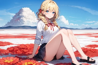 ((Botanical art salar de uyuni background)),
8k resolution, solo, 1 girl, blue sky,
blonde hair, odd eyes, hair ribbon, 
middle hair, hair braids, 
casual_exposure, 
red ribbon, mature female, 
(reddish:0.95), (full body:0.85),
(large breasts:0.58), 
(nsfw:0.66),



