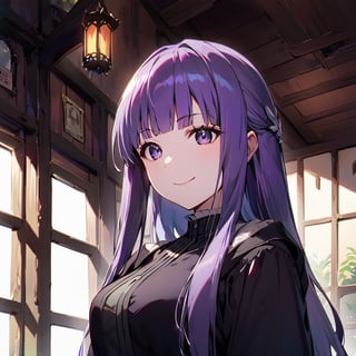 bangs, solo, 1 girl, 1 young girl, bright hair, pale purple hair, straight long_hair, happy smile, 
medium breasts, detailed, 
beautiful, more details, middle age inn,
(smile:0.55),
(nsfw:0.84), 
frn