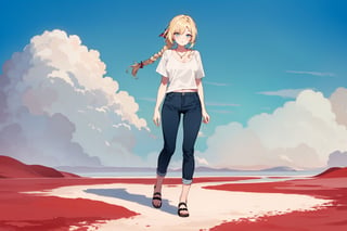 ((Botanical art salar de uyuni background)),
8k resolution, solo, 1 girl, blue sky,
blonde hair, odd eyes, hair ribbon, 
middle hair, hair braids, 
casual_exposure, hot_pants,
red ribbon, mature female, 
(reddish:0.95), (full body:0.99),
(large breasts:0.58),
(nsfw:0.68),



