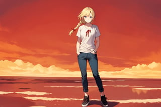 ((Botanical art salar de uyuni background)),
8k resolution, solo, 1 girl, blue sky,
blonde hair, odd eyes, hair ribbon, 
middle hair, hair braids, standing, 
casual_exposure, hot_pants,
red ribbon, mature female, 
(reddish:0.95), (full body:0.99),
(large breasts:0.58), 
(nsfw:0.66),



