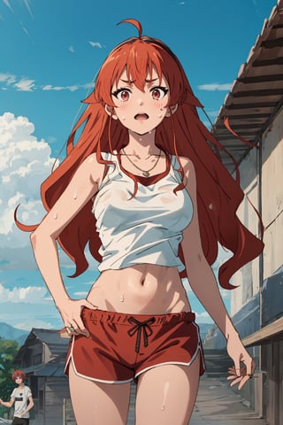 8k resolution, realistic, anime screencap, 
view straight on, standing, petite, a cute girl, (large breasts:1.2), bangs, hair pulled back sidelocks, pale blonde hair, solo, 1 girl,
blonde short hair, flowing hair, floating hair,
necklace, ring, collarbones, school playground, 
blue sky, (dolphin_shorts:0.9), tanktop,
(sweaty top clothes:1.3), (plastered:1.1),
(running:0.9), (smile:0.55), (nsfw:0.8),

