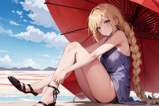 ((Botanical art salar de uyuni background)),
8k resolution, solo, 1 girl, blue sky,
blonde hair, odd eyes, hair ribbon, 
middle hair, hair braids, 
casual_exposure, 
red ribbon, mature female, 
(reddish:0.95), (full body:0.87),
(large breasts:0.58), 
(nsfw:0.66),



