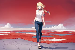 ((Botanical art salar de uyuni background)),
8k resolution, solo, 1 girl, blue sky,
blonde hair, odd eyes, hair ribbon, 
middle hair, hair braids, 
casual_exposure, hot_pants,
red ribbon, mature female, 
(reddish:0.95), (full body:0.99),
(large breasts:0.58),
(nsfw:0.68),



