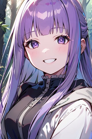 bangs, solo, 1 girl, 1 young girl, bright hair, pale purple hair, straight long_hair, happy smile, 
medium breasts, detailed, 
beautiful, more details, middle age forest,
(smile:0.55),
(nsfw:0.84), 
frn