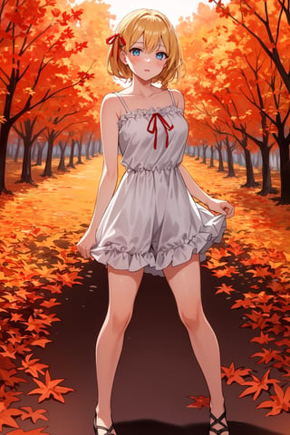 ((Botanical art Halloween night background)),
8k resolution, solo, 1 girl,
lots of maple leaves trees with red leaves,
blonde hair, blue eyes, hair ribbon, 
short hair, hair braids, 
casual_exposure, 
red ribbon, mature female, 
(reddish:0.95), (full body:0.85),
(large breasts:0.58), 
(nsfw:0.66),



