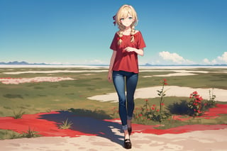 ((Botanical art salar de uyuni background)),
8k resolution, solo, 1 girl, blue sky,
blonde hair, odd eyes, hair ribbon, 
middle hair, hair braids, standing, 
casual_exposure, hot_pants,
red ribbon, mature female, 
(reddish:0.95), (full body:0.99),
(large breasts:0.58),
(nsfw:0.66),



