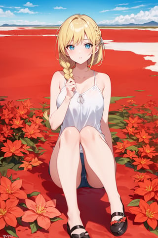 ((Botanical art salar de uyuni background)),
8k resolution, solo, 1 girl, blue sky,
blonde hair, odd eyes, hair ribbon, 
middle hair, hair braids, 
casual_exposure, 
red ribbon, mature female, 
(reddish:0.95), (full body:0.85),
(large breasts:0.58), 
(nsfw:0.66),



